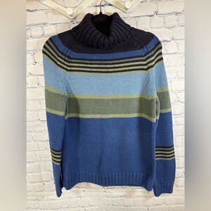 VINTAGE Land’s End Blue Green Striped Cotton Cozy Comfy Turtleneck Sweater S